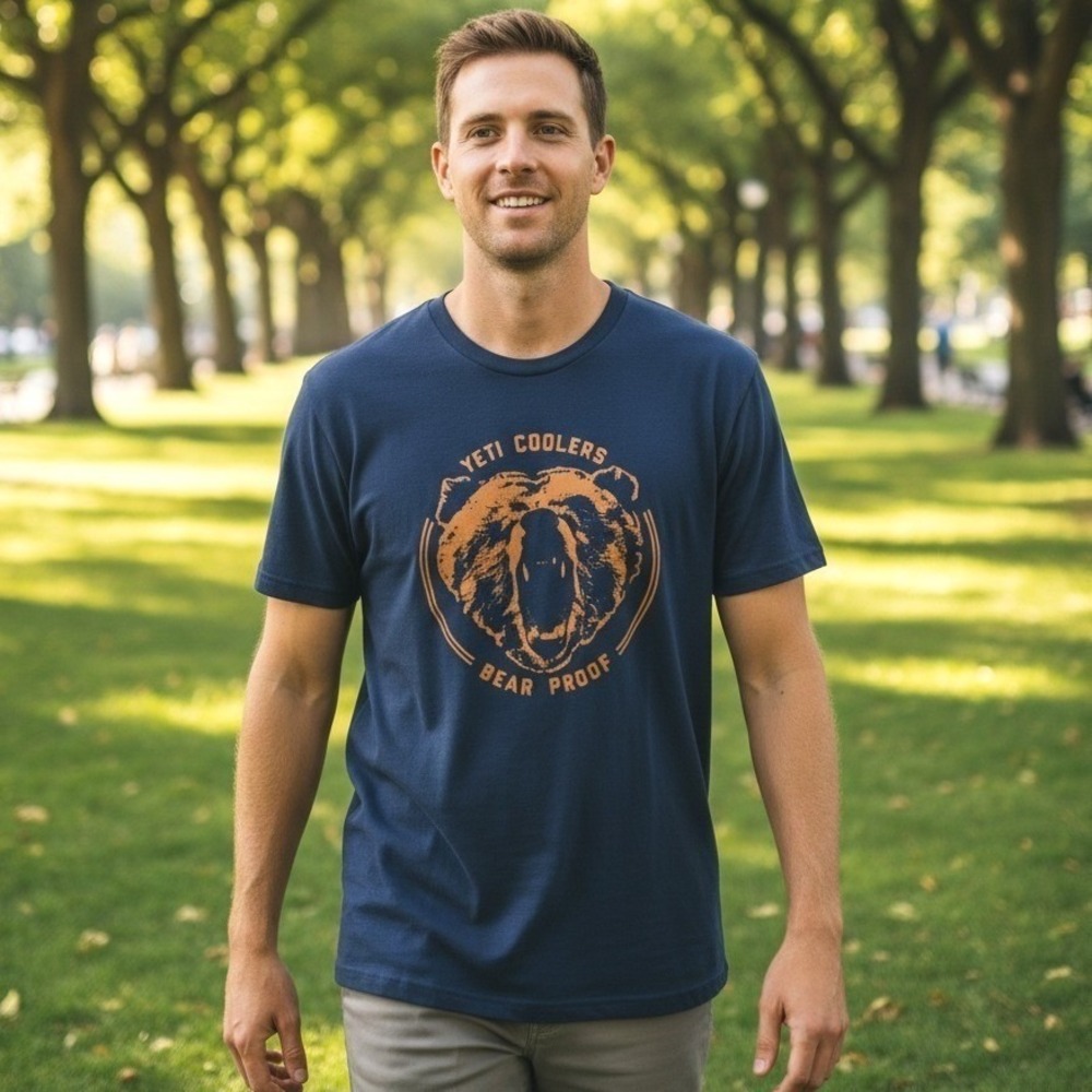 New YETI Coolers Bear Proof T-Shirt Men's L Navy Blue Orange Graphic Cotton Tee